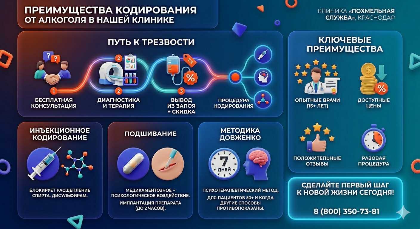 Инфографика о методах кодирования от алкоголя в Завитинске: инъекции, подшивание, метод Довженко. Преимущества клиники и этапы лечения.